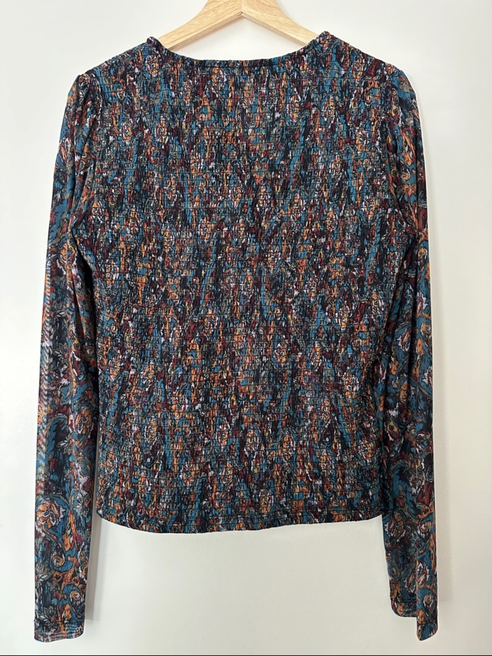 Evereve Long-Sleeve V-Neck Smocked Top in Teal, Gold and Maroon Paisley - Picture 4 of 7
